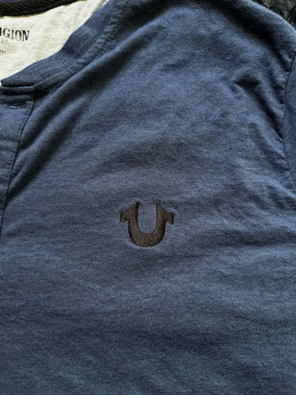 True Religion Men's Long Sleeve Henley Shirt in Navy Blue with Logo Embroidery